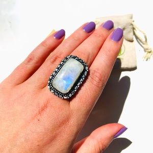 Rainbow Moonstone gem stone crystal rectangular Ring sterling silver 925 Size 7